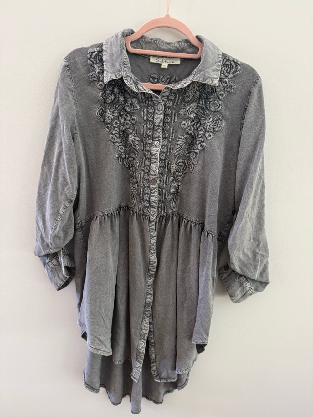 Solitaire Gray Embroidered Button-Front Tunic 100% Rayon
